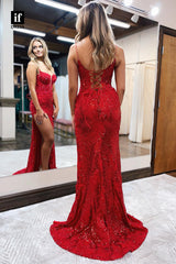 32856 - Plunging V-Neck Lace Appliques Mermaid Long Prom Dress with Slit