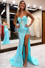 32856 - Plunging V-Neck Lace Appliques Mermaid Long Prom Dress with Slit
