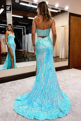 32856 - Plunging V-Neck Lace Appliques Mermaid Long Prom Dress with Slit