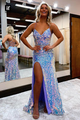 32857 - Spaghetti Straps High Split Sparkly Sparkly Prom Party Dress