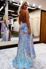 32857 - Spaghetti Straps High Split Sparkly Sparkly Prom Party Dress