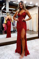 32858 - Spaghetti Straps Beads Sequins Long Prom Dress Glitter with Split