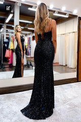 32858 - Spaghetti Straps Beads Sequins Long Prom Dress Glitter with Split
