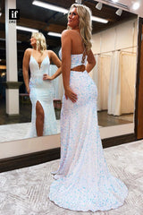 32859 - Plunging V-Neck Side Slit Sparkly Sequined Prom Dress Glitter
