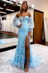 32861 - Plunging V-Neck Allover Lace Long Sleeves Mermaid Prom Dress with Slit
