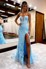 32861 - Plunging V-Neck Allover Lace Long Sleeves Mermaid Prom Dress with Slit