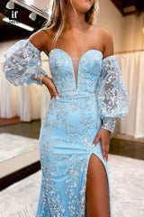 32861 - Plunging V-Neck Allover Lace Long Sleeves Mermaid Prom Dress with Slit