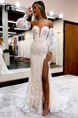 32861 - Plunging V-Neck Allover Lace Long Sleeves Mermaid Prom Dress with Slit