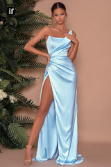 32877 - One Shoulder Pleats Split Sheath/Column Long Prom Evening Formal Dress