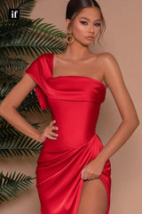 32882 - Unique One Shoulder Pleats Side Slit Long Red Prom Formal Dress