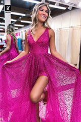 32884 - Plunging V-Neck High Split Sequins Sparkly A-Line Long Prom Evening Dress