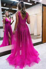 32884 - Plunging V-Neck High Split Sequins Sparkly A-Line Long Prom Evening Dress