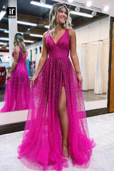 32884 - Plunging V-Neck High Split Sequins Sparkly A-Line Long Prom Evening Dress