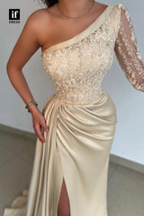 32887 - Chic One Shoulder Top Lace Long Sleeves Long Formal Evening Dress
