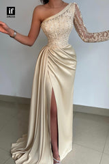 32887 - Chic One Shoulder Top Lace Long Sleeves Long Formal Evening Dress