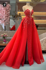 33840 - Off-Shoulder V-Neck Split  Lace Tulle Sleeveless Prom Formal Dress