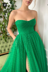 32893 - A-line Sweetheart Pleats Strapless Sleeveless Long  Prom Formal Dress with Slit