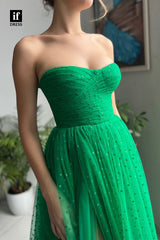 32893 - A-line Sweetheart Pleats Strapless Sleeveless Long  Prom Formal Dress with Slit