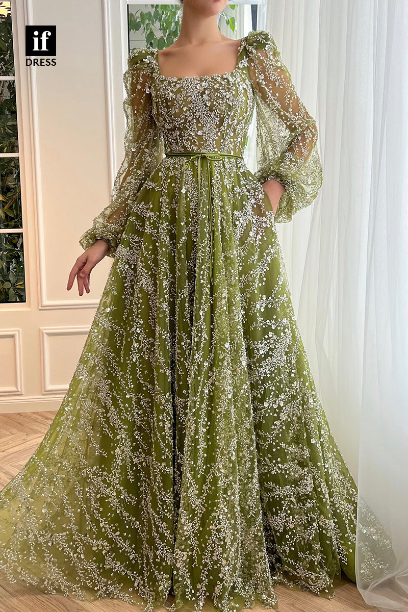 32895 - A-line Scoop Long Sleeves Lace Appliques Vintage Prom Dress