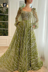 32895 - A-line Scoop Long Sleeves Lace Appliques Vintage Prom Dress