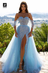 33811 - Off the Shoulder Beads Lace Long Prom Dress with Slit Formal Gown