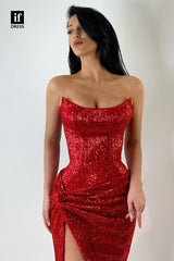 33826 - Strapless Side Slit Pleats Sequins Long Prom Evening Dress Glitter