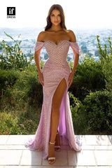 33827 - Off the Shoulder Side Slit Long Prom Evening Formal Gowns