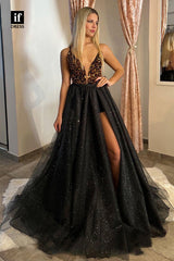 33848 - Sexy Detachable A-Line V-Neck Tulle Prom Formal Dress with Slit