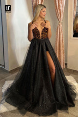 33848 - Sexy Detachable A-Line V-Neck Tulle Prom Formal Dress with Slit