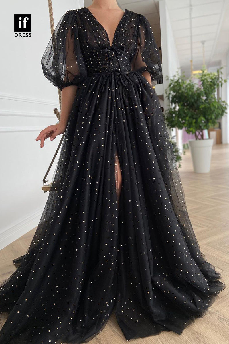 30848 - Plunging V-Neck Half Sleeves Sparkly Prom Dress with Pockets