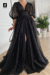 30848 - Plunging V-Neck Half Sleeves Sparkly Prom Dress with Pockets
