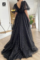 30848 - Plunging V-Neck Half Sleeves Sparkly Prom Dress with Pockets
