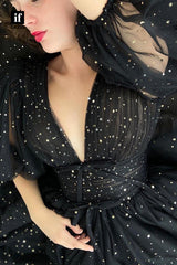 30848 - Plunging V-Neck Half Sleeves Sparkly Prom Dress with Pockets