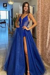 30850 - Plunging V-Neck Lace Appliques Sparkly Prom Dress with Slit