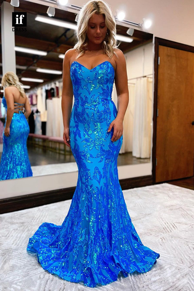 30851 - Stunning Sweetheart Sequins Appliques Mermaid Long Prom Dress