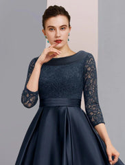 Aimishang  A-Line Mother of the Bride Dress Formal Wedding Guest Elegant Vintage Bateau Neck Ankle Length Satin Lace 3/4 Length Sleeve with Pleats Ruched