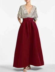 A-Line Evening Gown Party Dress Sparkle & Shine Dress Formal Wedding Guest Ankle Length Half Sleeve V Neck Fall Wedding Guest Sequined with Sequin Strappy