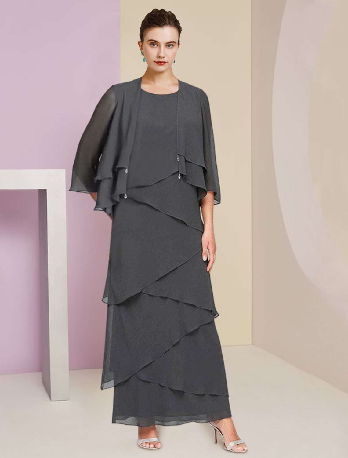Aimishang  Sheath / Column Mother of the Bride Dress Formal Wedding Guest Elegant Scoop Neck Ankle Length Chiffon Sleeveless Wrap Included with Cascading Ruffles