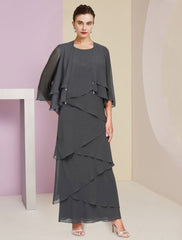Aimishang  Sheath / Column Mother of the Bride Dress Formal Wedding Guest Elegant Scoop Neck Ankle Length Chiffon Sleeveless Wrap Included with Cascading Ruffles