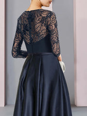 A-Line Mother of the Bride Dress Wedding Guest Vintage Party Jewel Neck Asymmetrical Satin Lace Sequined Half Sleeve