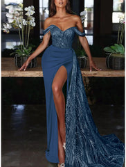 Mermaid Dress Evening Gown Red Green Dress Dress Formal Wedding Guest Court Train Sleeveless Off Shoulder Charmeuse with Ruched Sequin Slit
