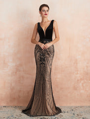 Mermaid Party Dress Evening Gown Luxurious Dress Formal Evening Sweep / Brush Train Sleeveless V Neck Fall Wedding Guest Velvet Backless with Beading