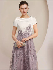 Aimishang  A-Line Mother of the Bride Dress Formal Wedding Guest Elegant Scoop Neck Tea Length Satin Lace Short Sleeve with Sequin Appliques Color Block