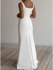 Aimishang Beach Casual Wedding Dresses Sheath / Column Square Neck Sleeveless Floor Length Stretch Fabric Bridal Gowns With Sash / Ribbon