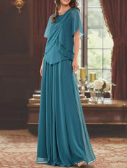Aimishang A-Line Mother of the Bride Dress Formal Wedding Guest Elegant Jewel Neck Floor Length Chiffon Short Sleeve with Pleats Beading
