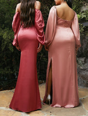 Mermaid / Trumpet Bridesmaid Dress Off Shoulder Long Sleeve Pink Floor Length Chiffon / Satin
