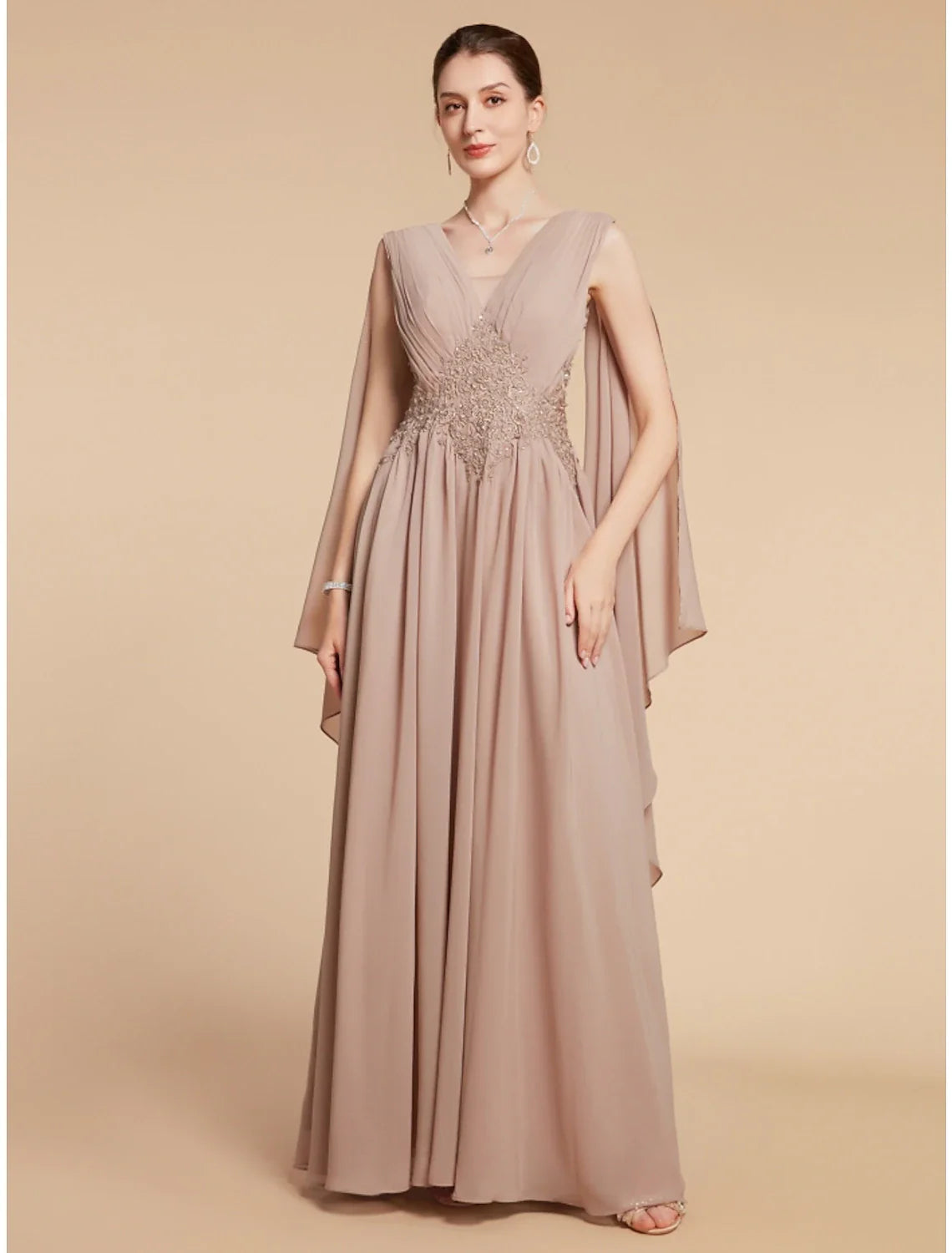 Aimishang  A-Line Mother of the Bride Dress Wedding Guest Elegant V Neck Ankle Length Chiffon Lace Sleeveless with Ruching Solid Color