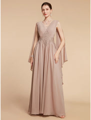 Aimishang  A-Line Mother of the Bride Dress Wedding Guest Elegant V Neck Ankle Length Chiffon Lace Sleeveless with Ruching Solid Color
