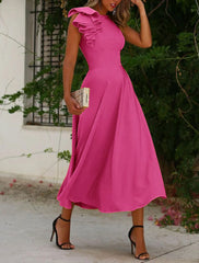 A-Line Cocktail Dresses Minimalist Dress Homecoming Wedding Guest Ankle Length Sleeveless Jewel Neck Fall Wedding Guest  Fabric with Ruffles Pure Color