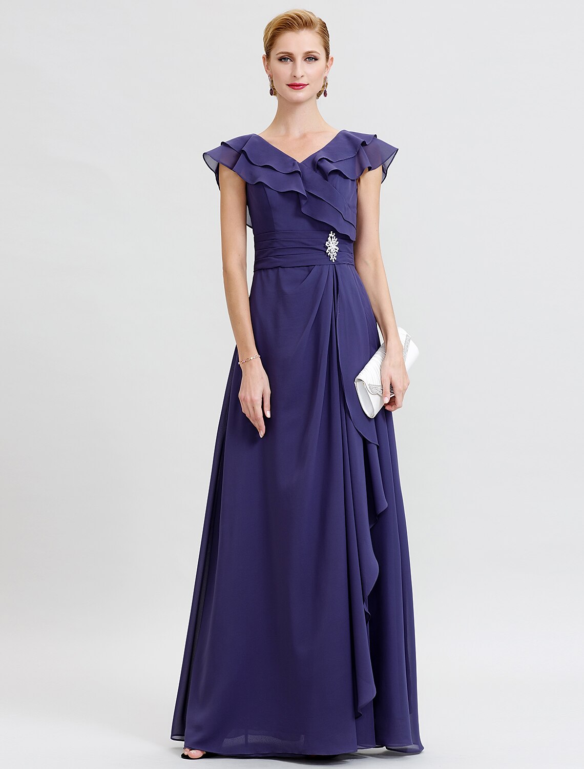 Aimishang A-Line Mother of the Bride Dress Formal Open Back Elegant V Neck Floor Length Chiffon Short Sleeve No with Sash / Ribbon Crystal Brooch